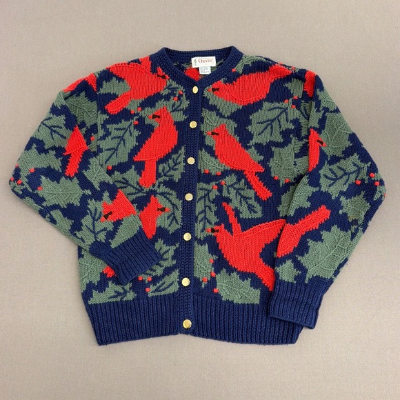 Sweaters - Orvis Vintage Cardinal Bird Holly Knit Cardigan Sweater Navy Blue Red Small
